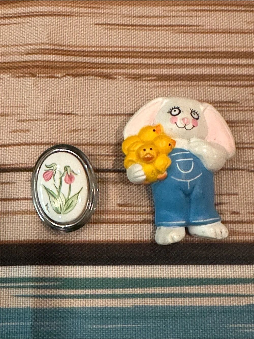 Vintage Brooch Set Bunny Figurine Holding Yellow Chicks - floral pin